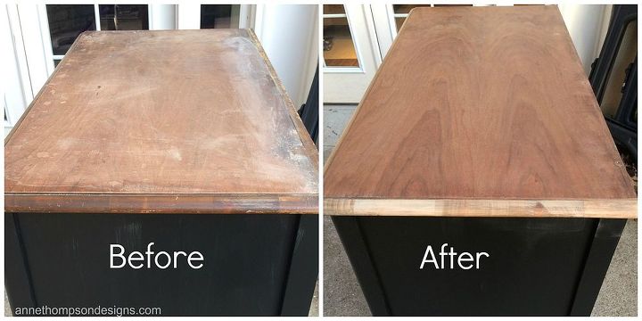 bringing a beautiful antique back to life, painted furniture, Carefully sanded veneer top
