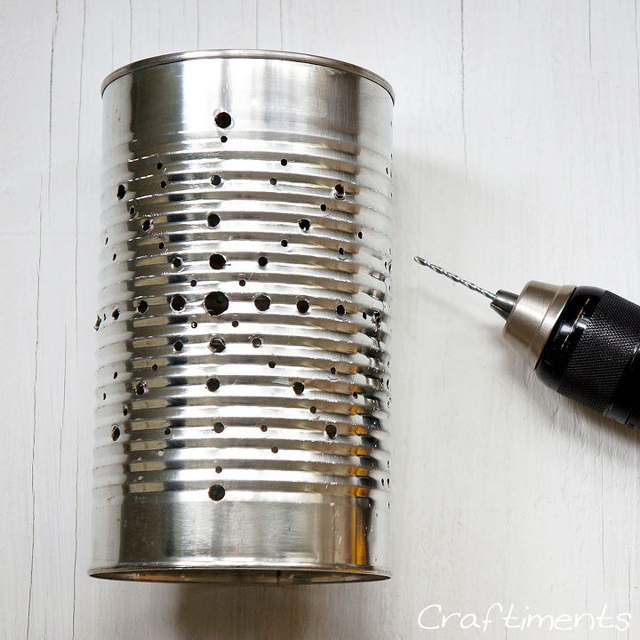 tin can solar lantern tutorial, diy, how to, outdoor living, repurposing upcycling, Step 2 Drill holes with power drill