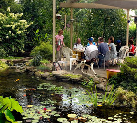 create a tropical dining spot in your backyard, decks, gardening, outdoor living, patio, ponds water features, Family gatherings by the pond create memorable events for everyone