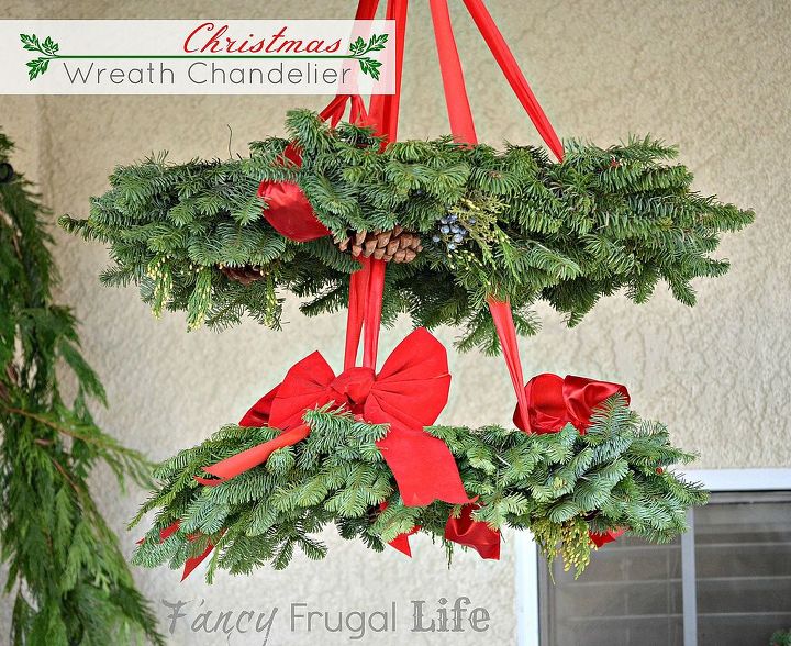 diy poinsettia tree shelf wreath chandelier and my christmas porch, christmas decorations, crafts, seasonal holiday decor, wreaths, Wreath Chandelier