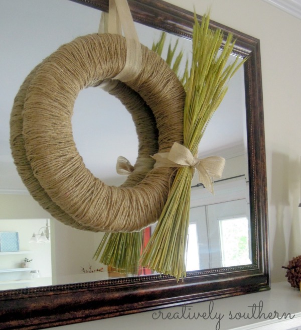 natural jute fall wreath, crafts, wreaths, Tie on a floral wheat bundle for a natural lookk