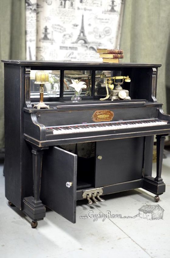 repurposed piano with many options for functionality, Use simply as a nice book shelf area Maybein the kitchen as a pantry coffee station microwave area Visit us at for more repurposing fun