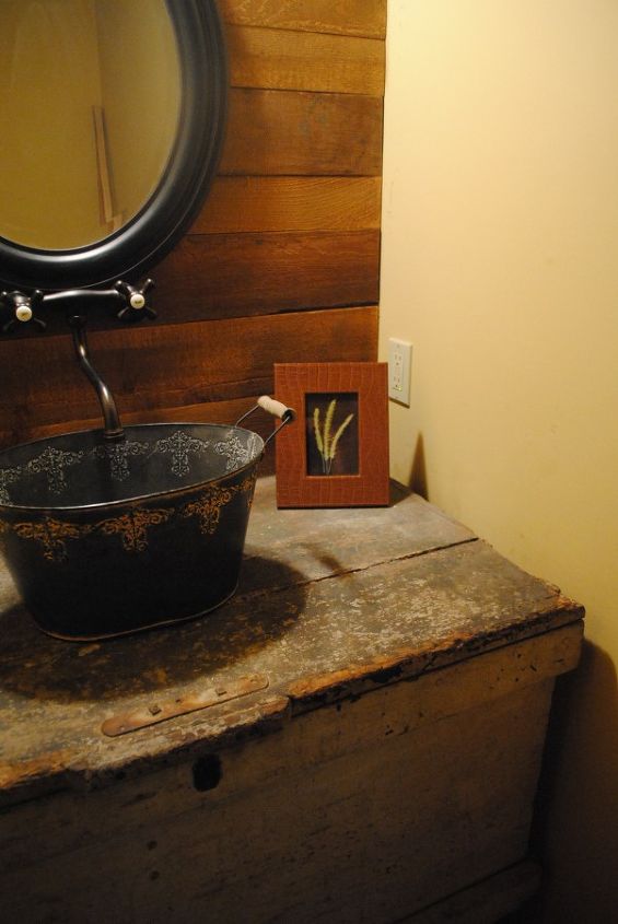 rustic half bath, bathroom ideas, doors, home decor, wall faucet bucket sink