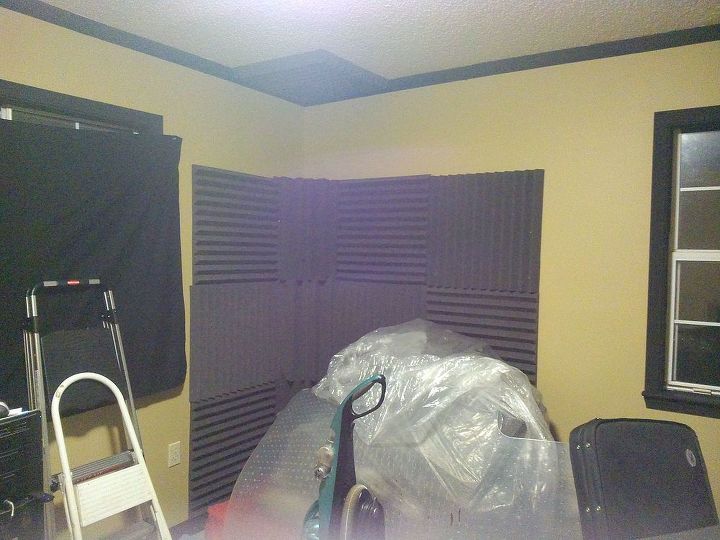 home music studio, bedroom ideas, Paint and trim are done now we start pinning the acoustic foam to the walls and ceiling