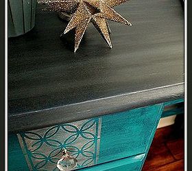 peacock blue silver vintage glamour desk makeover myfavoritethings, painted furniture, Up close of the the desk