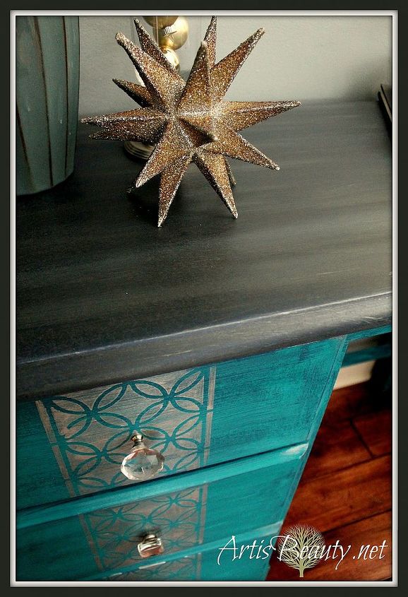 peacock blue silver vintage glamour desk makeover myfavoritethings, painted furniture, Up close of the the desk