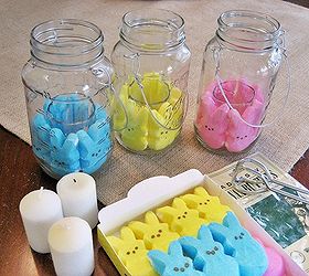 easter fun my peeps mason jar candles, crafts, easter decorations, mason jars, seasonal holiday decor, Just add the Peeps between the jar and the votive holder easy peasy