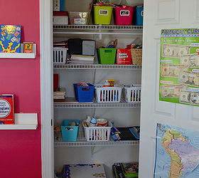 a bright and bold multi use craft room, craft rooms, Adding extra shelving in the closet expands much needed storage