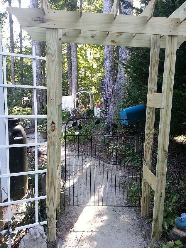 my new pergola with gate, fences, gardening, Will add either wire lattice or wrought iron to sides for a climbing vine