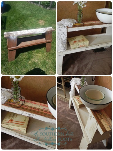 before and after paint projects small furniture, chalk paint, painted furniture, This sawhorse is my favorite upcycle so far vintage yardsticks were used to hide the well used top