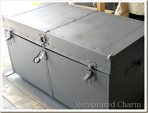 old blue metal trunk makeover, painted furniture, repurposing upcycling, Grey Primer