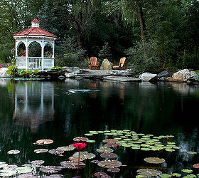 gazebos and ponds some things just go together, gardening, outdoor living, ponds water features, A large pond has a gazebo and firepit nearby