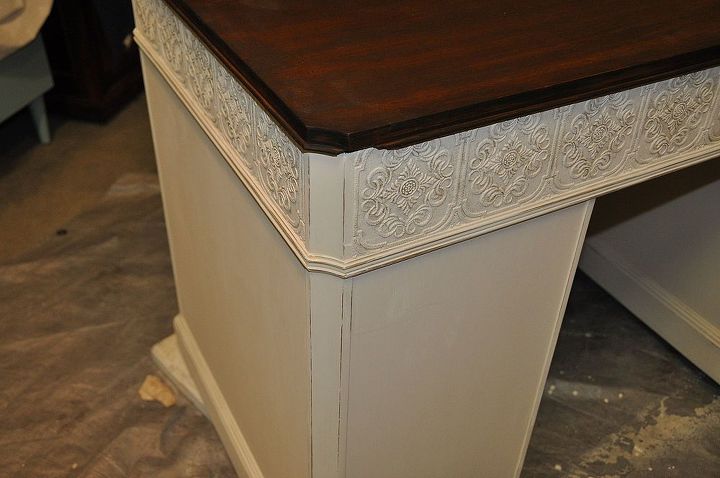 elegant country chic desk redo, painted furniture, I used a layering technique with different shades of paint and some glazing to get the wallpaper to have an old patina look to it