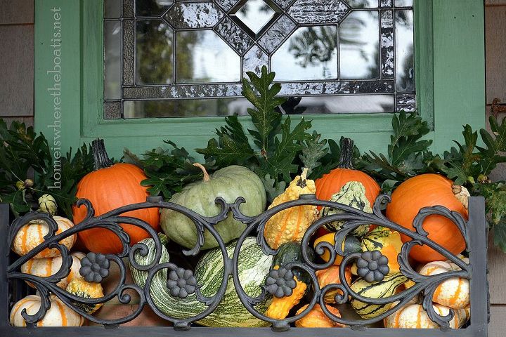 fall around the potting shed, flowers, gardening, a window box is liner free filled with seasonal gourds pumpkins leaves