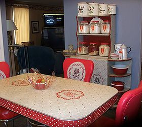 my 1940 s inspired kitchen renovation, home improvement, kitchen design, 1940 s kitchen table and chairs with matching hutch I will post photos of the table and chair renovation later I bought the glass jars at Walmart painted lids red and printed retro stickers to label them