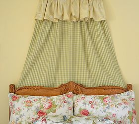 a vintage bedroom reveal, bedroom ideas, home decor, I used a drapery panel and the dust ruffle from my daughter s crib to soften the wall behind the bed
