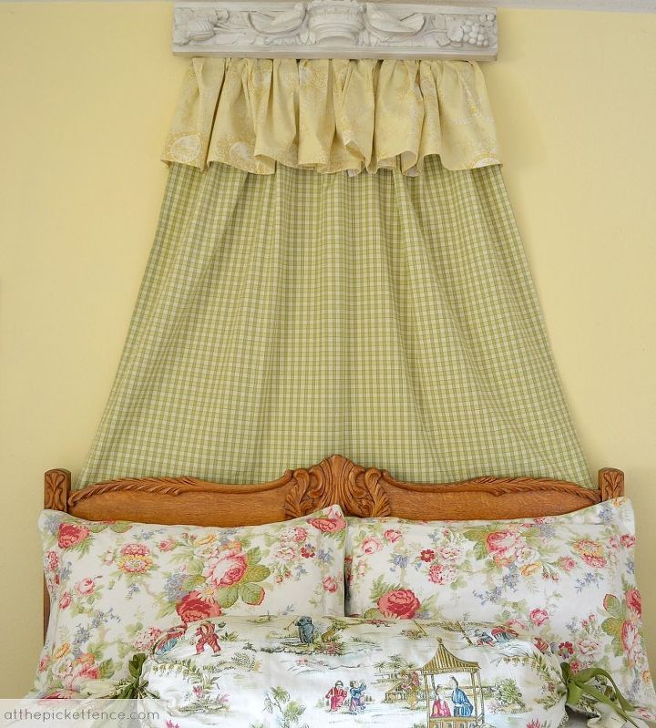 a vintage bedroom reveal, bedroom ideas, home decor, I used a drapery panel and the dust ruffle from my daughter s crib to soften the wall behind the bed