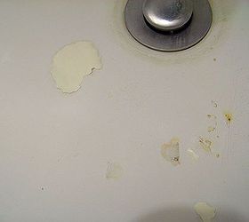q need advice how to repair chipped off porcelain in bthrm sink, bathroom ideas, home maintenance repairs, how to, This is photo of bathroom sink where pieces have chipped off and a spot where owner did lousy fix it job it s peeling off Rust showing through Please help TY