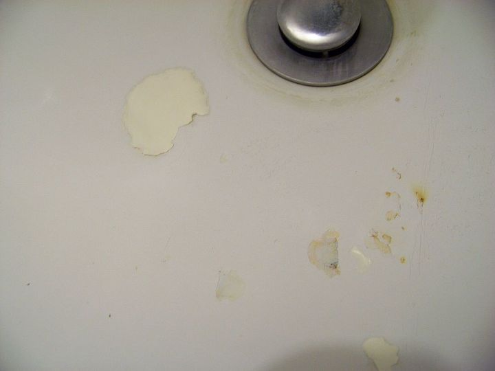 q need advice how to repair chipped off porcelain in bthrm sink, bathroom ideas, home maintenance repairs, how to, This is photo of bathroom sink where pieces have chipped off and a spot where owner did lousy fix it job it s peeling off Rust showing through Please help TY