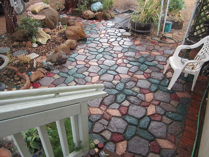 patio garden, gardening, patio, I then spray painted the stones to give it some real color And yes it has endured the traffic to the door