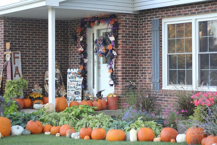 halloween front porch 2013, halloween decorations, porches, seasonal holiday decor, wreaths, 95 pumpkins surround the porch and our flower beds