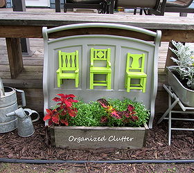 recycled pottery barn chairs futon ends in the garden, flowers, gardening, outdoor living, repurposing upcycling, I love the lime green chairs with the gray painted futon ends