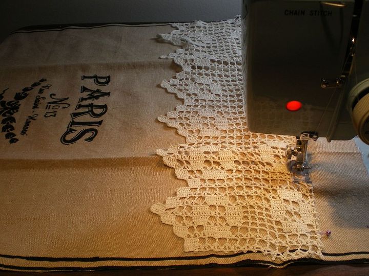 easiest pillow cover ever, crafts, I pinned the lace to the front material and stitched it by machine