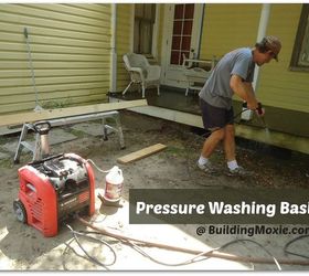 pressure washing basics like sweeping but with hi pressure water, cleaning tips, curb appeal, home maintenance repairs, a sturdy but inexpensive pressure washer will do