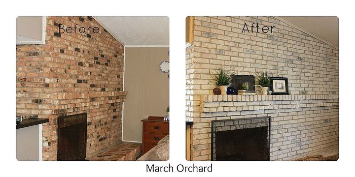 how to white wash your fireplace or brick, concrete masonry, fireplaces mantels, painting, I use the term painting loosely It s basically drenching the bricks in paint with a cheap brush and lightly wiping off the excess since it is so watery with a washcloth