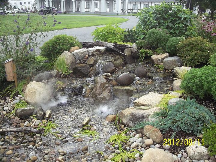 gardens within gardens, container gardening, flowers, gardening, outdoor living, perennial, ponds water features, Foggers add another element of interest in the pondless waterfall