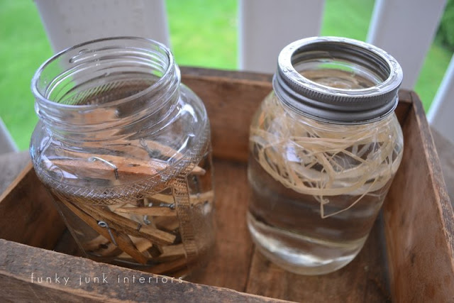the many quirky uses of a mason jar, mason jars, repurposing upcycling, Here s one you may have not seen yet Clothespins and raffia inside water