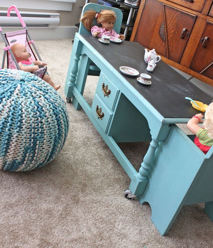 a coffee table re purposed into a kids table, painted furniture, The cute pouf came from Target