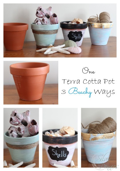 one terra cotta pot three beachy ways, chalkboard paint, crafts, home decor, painting, Acrylic paint twine and gold leaf turn these terra cotta pots from basic to beachy