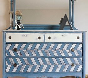 painted herringbone dresser, chalk paint, painted furniture, Herringbone treatment on vintage dresser I used ASCP Old White and homemade blue chalk paint to give this dresser a bit of style