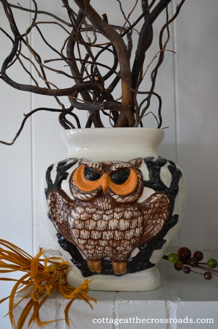 our fall mantel, seasonal holiday decor, vintage ceramic owl vase
