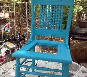 old timey chair turned planter, flowers, gardening, painting, repurposing upcycling, finished painting