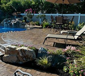 raised patios flower beds and waterfall make backyard appear larger, decks, flowers, gardening, outdoor living, patio, perennial, ponds water features, pool designs, Gorgeous Patio Areas