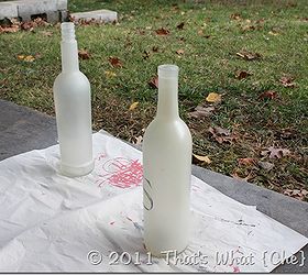 upcycle wine bottles into frosted luminaries, crafts, home decor, lighting, repurposing upcycling, Apply decals or stickers if desired Spray with Frosted Spray Paint