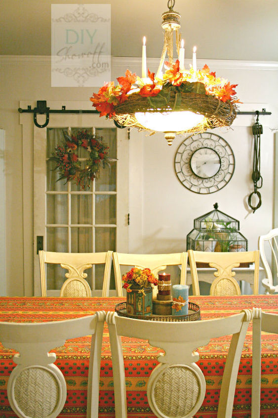decorating our mantel for fall, seasonal holiday decor, fall chandelier