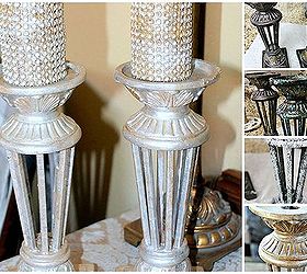 candle and candlestick decoration ideas, crafts, home decor, repurposing upcycling, Candle sticks and candle makeover with bling and paint to create a Mother of Pearl look