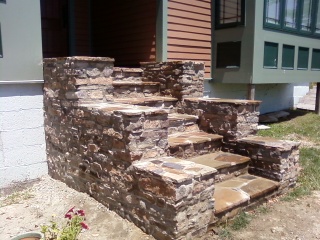 veneer stone foundation, concrete masonry, curb appeal, outdoor living, the design was taken from an old farmhouse staircase