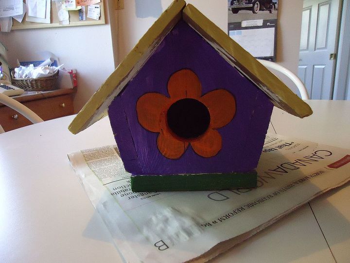 redoing an old bird house, crafts, I love purple so I started by applying a coat to the front and back of bird house