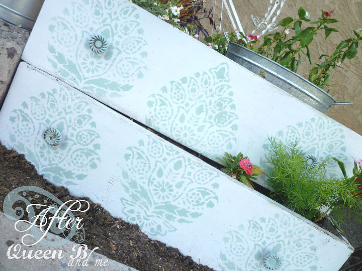 find some old drawers and turn them into planter boxes so easy, flowers, gardening, repurposing upcycling, Spruced up the drawers with some paint and a stencil then added dirt and flowers