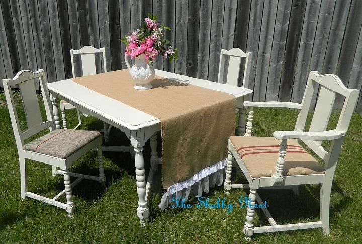 faux grain sack table and chairs, painted furniture, repurposing upcycling, reupholster
