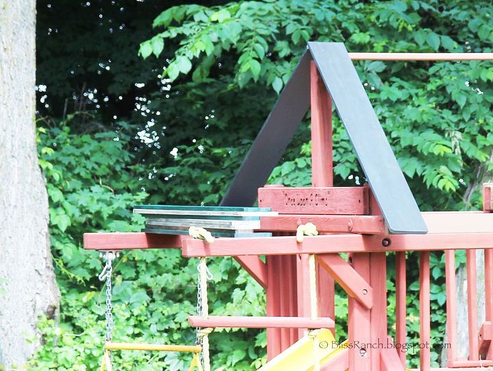 replace playground canopy with a wood roof, diy, home maintenance repairs, how to, outdoor furniture, outdoor living, roofing, woodworking projects, Each board was painted a different color and a dark stain wash was applied