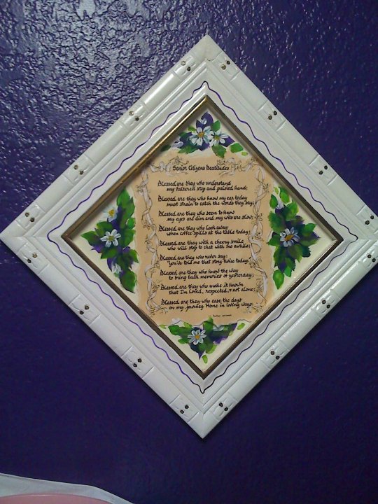 pretty purple retirement shower room, bathroom ideas, bedroom ideas, home decor, painting, wall decor, I found this tattered and torn Beattitudes of Senior Citizens so I salvaged it and dressed it up with a little painting as reminder to all who work there to always remember the residents are to be loved respected and never alone