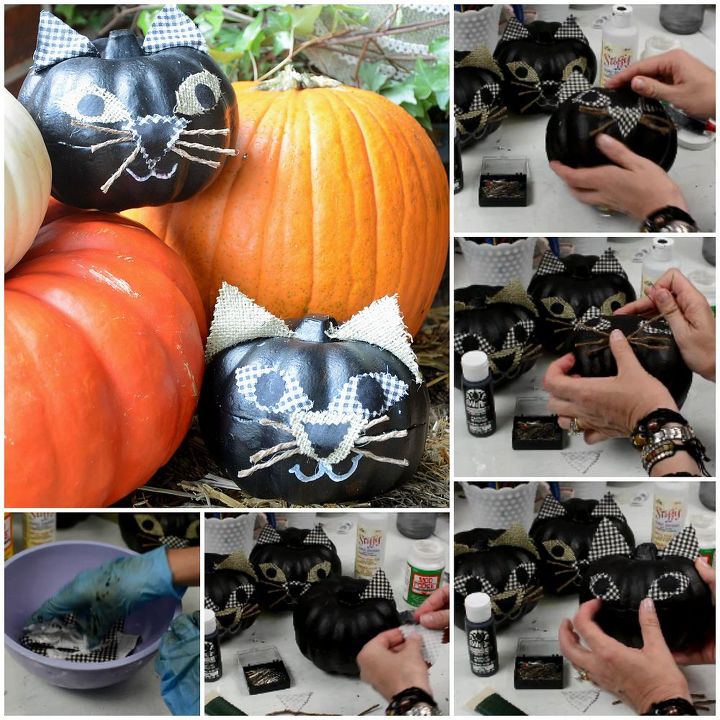 four outdoor halloween projects, crafts, decoupage, halloween decorations, outdoor living, seasonal holiday decor, This Cute as a Pumpkin Kitty Cat is so easy to make and looks great outside but would also make a great Halloween Party Table Decoration Tutorial on the blog