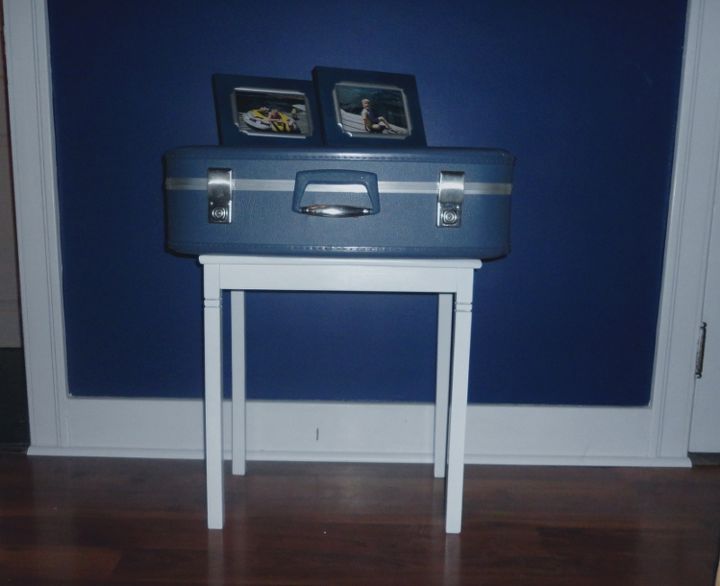 a upcycled suitcase side table, repurposing upcycling, Suitcase refurbished into a table