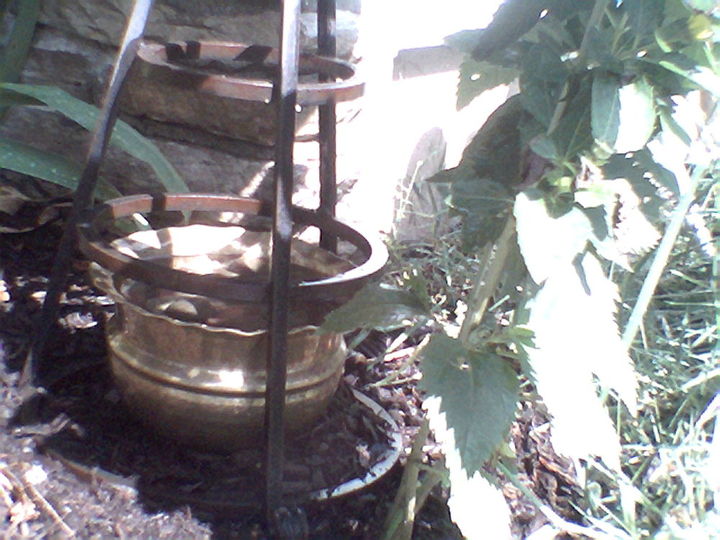 copper birdbath on wrot iron stand 10 floating solar fountain 25 brass, gardening, ponds water features, Brass spittoon for creatures other than birds I polished it up just a little to make it shine