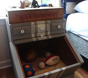grainsack striped potato bin turned bedside table, painted furniture, repurposing upcycling, The sliding door reveals deep storage a perfect place for lots of toys